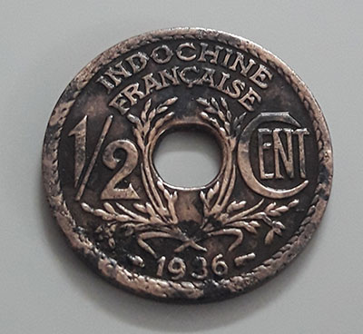 Extremely rare and valuable foreign coin of India and China, colony of France, 1936-ezz