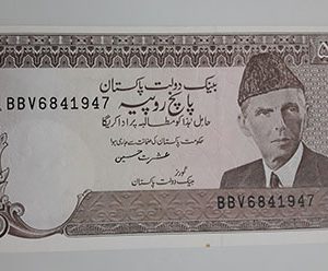 A very beautiful and rare collectible foreign banknote of Pakistan, Unit 5-hii