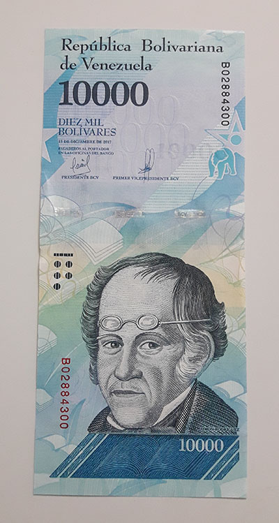 Collectible foreign banknote of the new type of Venezuela, unit 10,000-arz