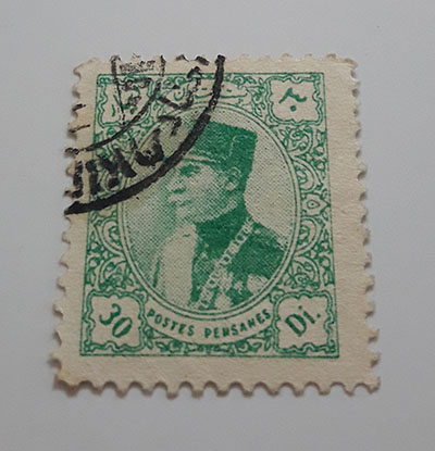 Iranian stamp of Reza Shah dinar series, unit 30 dinars, light green color-awp
