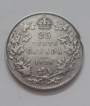 Collectable and rare foreign silver coin of Canada 25 cents of King George V of 1928 yty