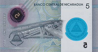 Beautiful foreign polymer banknote of Nicaragua, unit 5 (the price is for one piece) 5